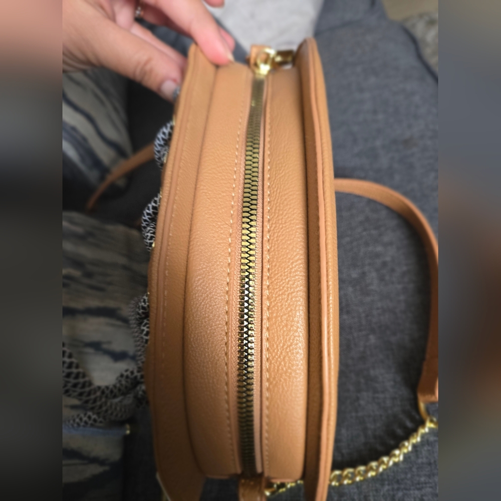 Betsey Johnson Tan Crossbody Football Bag with Pink Patches - Picture 5 of 7